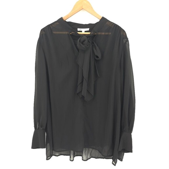 DR2 Daniel Rainn Top Womens 3X Black Chiffon Ne Neck Sash Sheer Puff Sleeves NWT - Picture 1 of 14